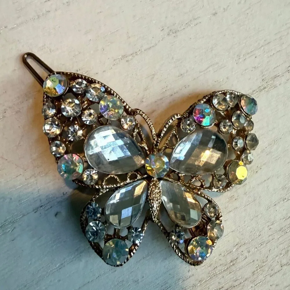 Vintage Gold Tone Rhinestone Butterfly Hair Barrette